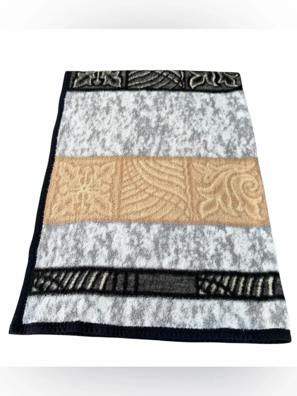 VTG Biederlack Medallion Scroll Patterned Band Throw Blanket Neutral 53x76 GUC